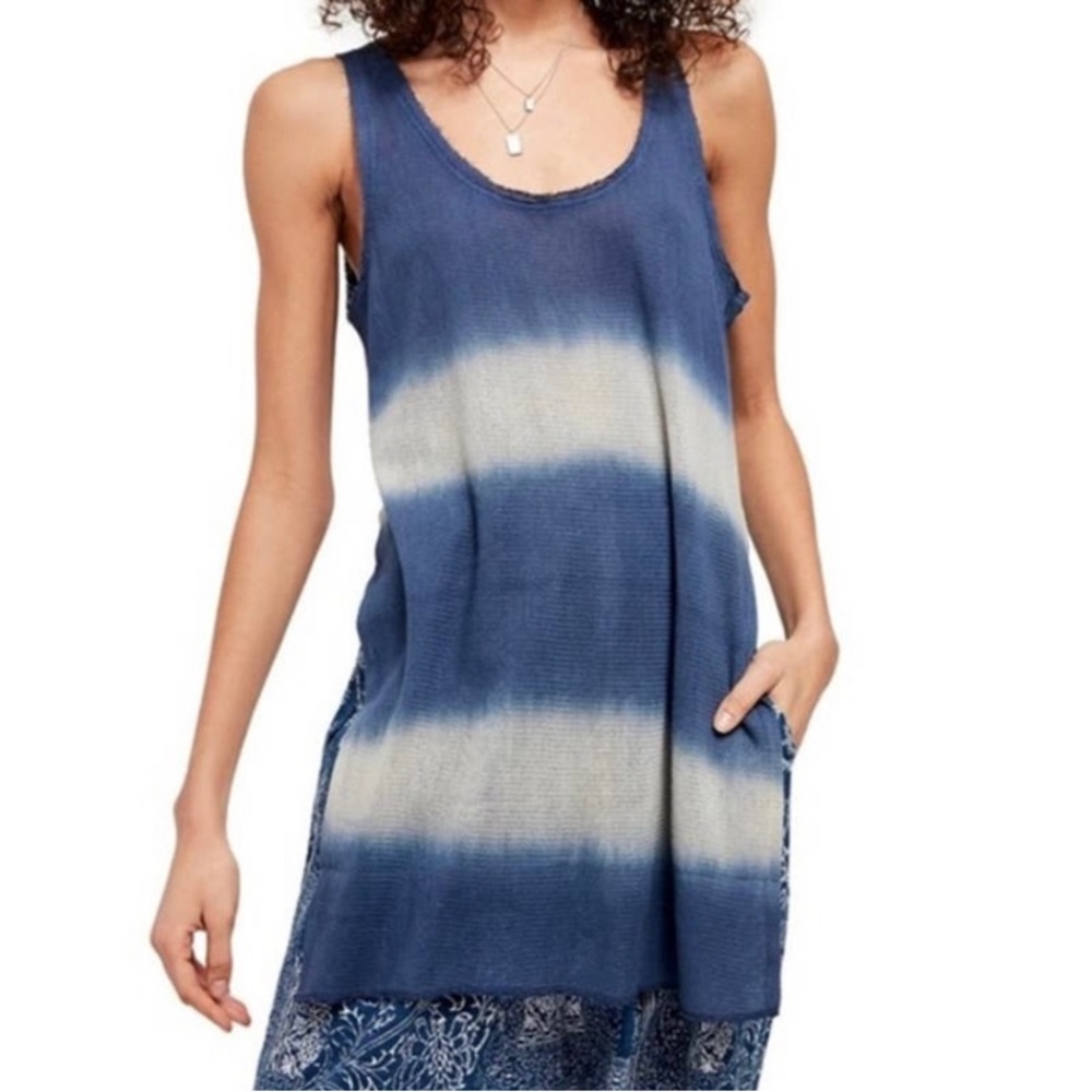 NWT FREE PEOPLE Joni Out to Sea Navy Striped Tie Dye Long Side Slit Tank Size XS